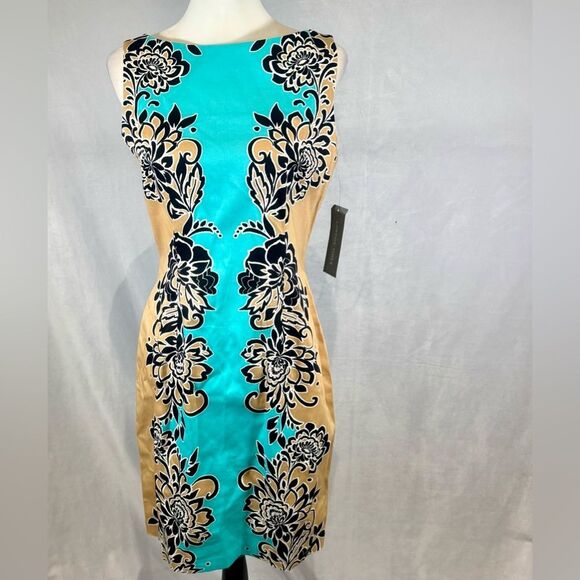 London Times gorgeous aqua and mocha tan cotton sheath dress size 8 NWT - Picture 1 of 7